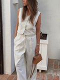 Riviera Pinstripe Set – Leinen-Look Zweiteiler mit Weste und Wide Leg Hose