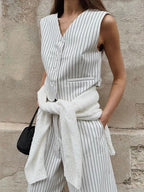 Riviera Pinstripe Set – Leinen-Look Zweiteiler mit Weste und Wide Leg Hose